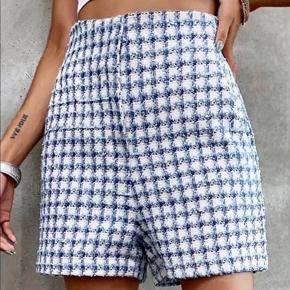 Blue Plaid Slant Pocket Tweed Shorts Sz S New - Picture 3 of 5